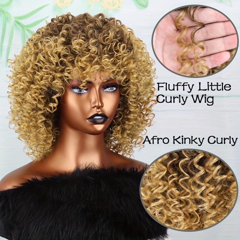 Golden Afro Curly Wig with Bangs Short Kinky Synthetic Wig for Women
