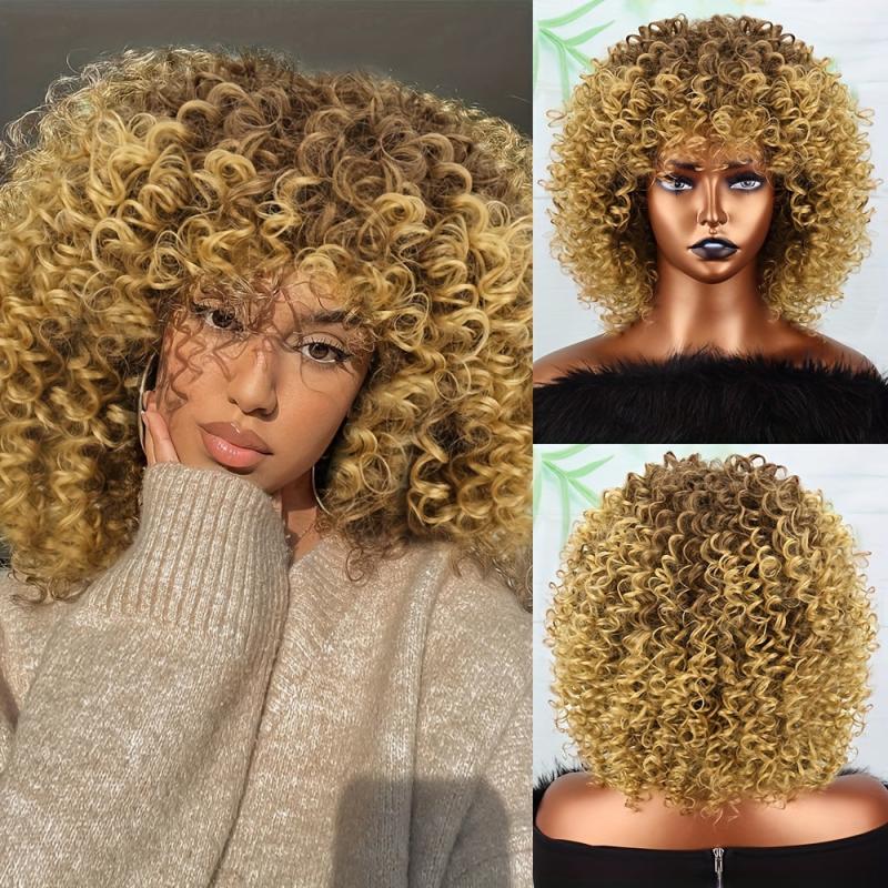 Golden Afro Curly Wig with Bangs Short Kinky Synthetic Wig for Women