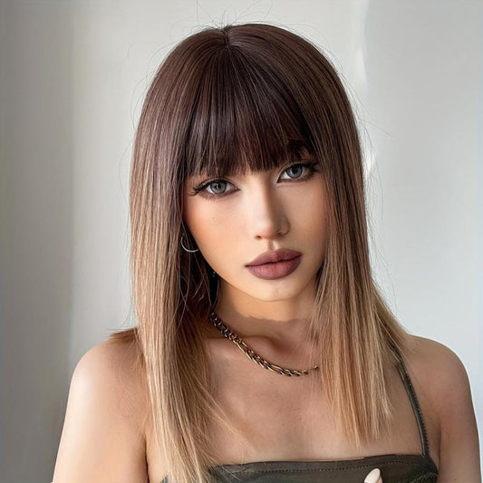 Ombre Bob Wig Straight Synthetic Hair with Bangs for Women