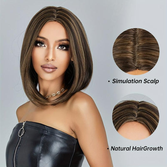 Brown 35 56 Cm Short Bob Wigs Blonde Highlight Synthetic Fiber None Lace Wigs