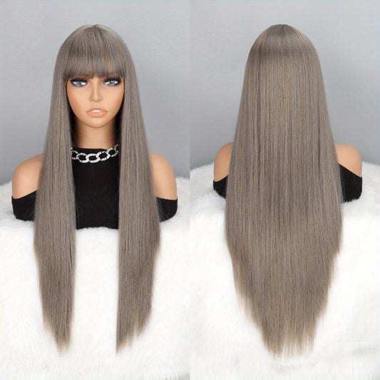 Long Straight Layered Wig With Bangs Middle Part Heat Resistant Synthetic Wig