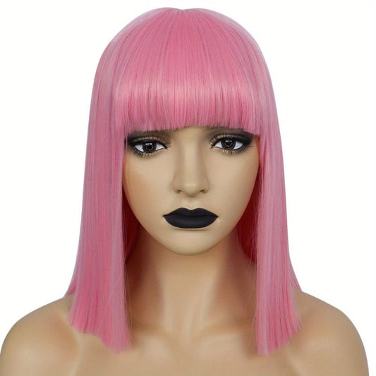 Shoulder Length Straight Bob Wigs with Bangs + Wig Cap