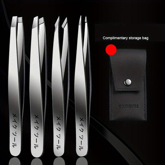 4pc Professional Eyebrow Tweezers Set with Storage Bag