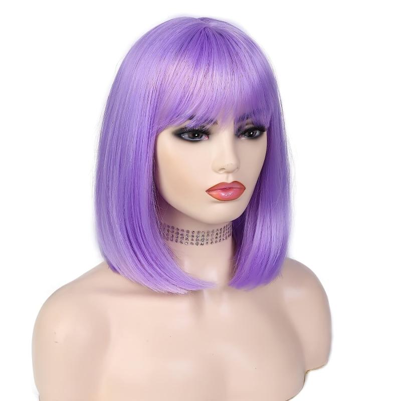 Purple Bob Wig with Bangs Lavender Synthetic Hair