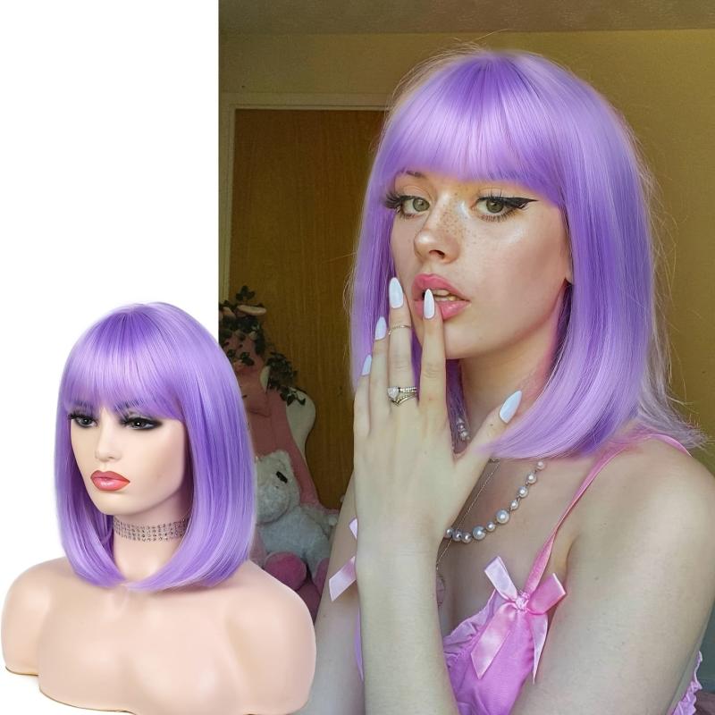 Purple Bob Wig with Bangs Lavender Synthetic Hair