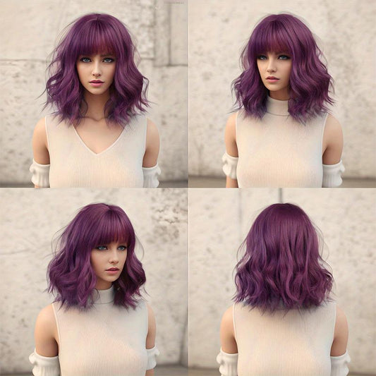Short Brown Bob Wig Women Wave Hair Bangs Heat Resistant Fiber