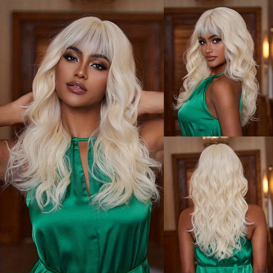 Long Grey Mixed Brown Wavy Hair Wig with Bangs Heat Resistant Fiber