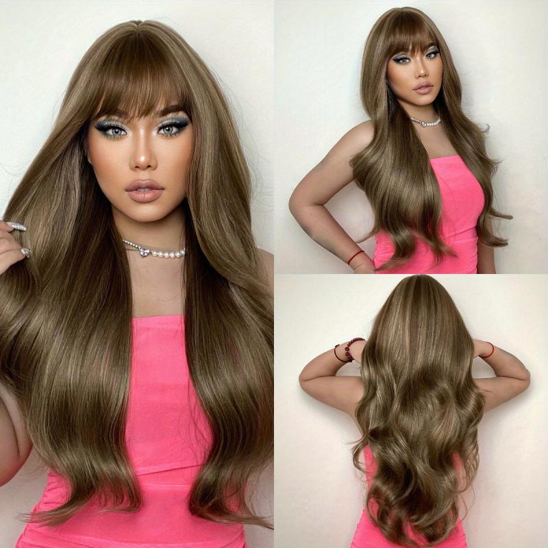 66 cm Dark Brown Long Curly Wavy Hair Wig with Bangs Synthetic Fiber Haircut