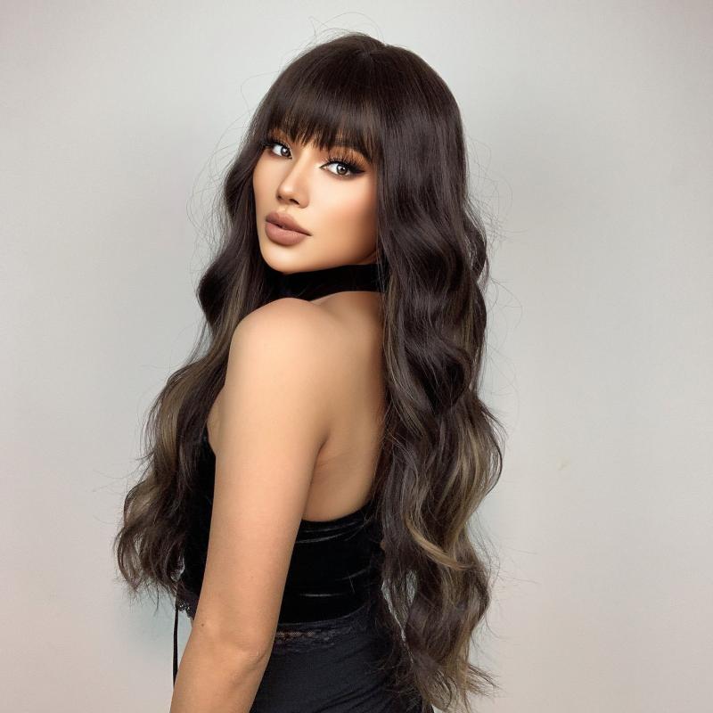 66 cm Dark Brown Long Curly Wavy Hair Wig with Bangs Synthetic Fiber Haircut