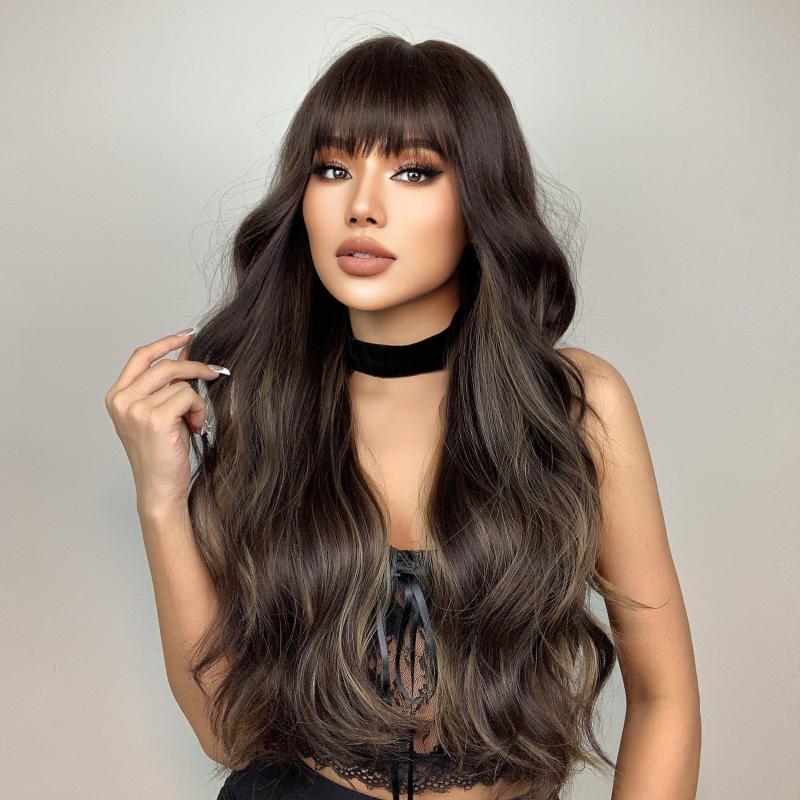 66 cm Dark Brown Long Curly Wavy Hair Wig with Bangs Synthetic Fiber Haircut