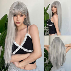 66 cm Long Wine Red Straight Synthetic Wig with Bangs