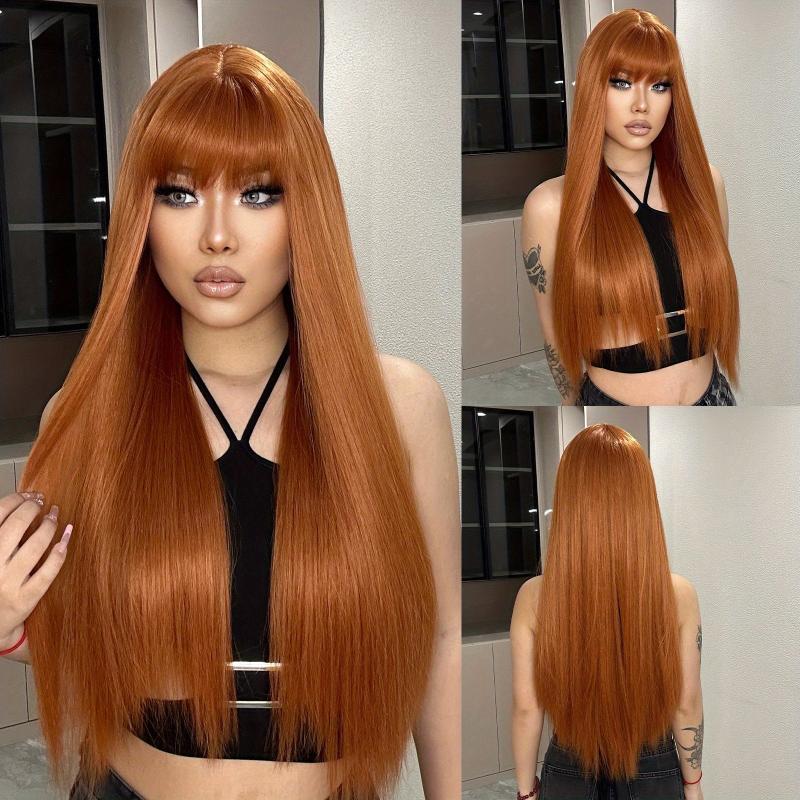 66 cm Long Wine Red Straight Synthetic Wig with Bangs