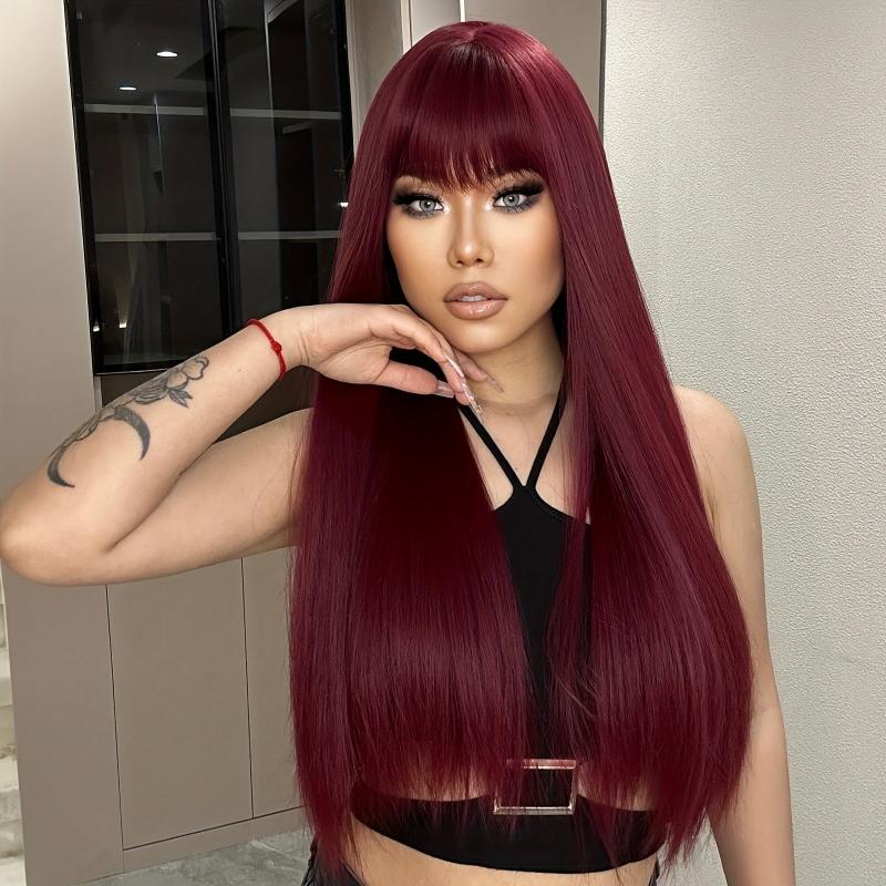 66 cm Long Wine Red Straight Synthetic Wig with Bangs