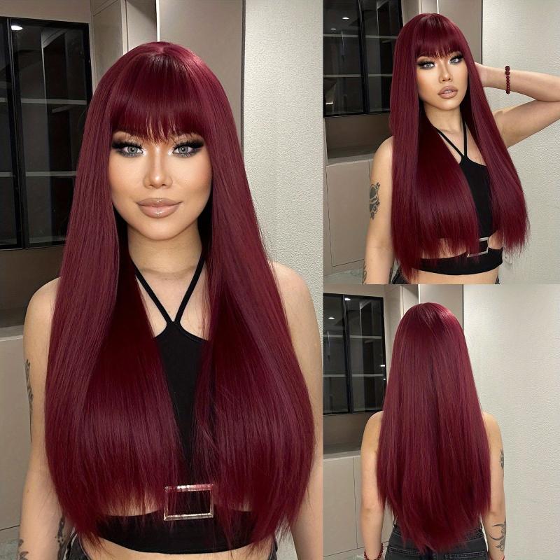 66 cm Long Wine Red Straight Synthetic Wig with Bangs