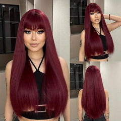 66 cm Long Wine Red Straight Synthetic Wig with Bangs