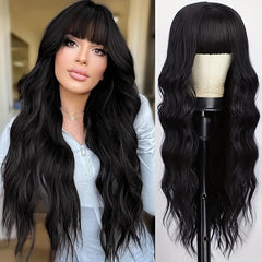 Brown Highlight Wig With Bangs Long Wavy Hair Wig Curly Synthetic Wigs