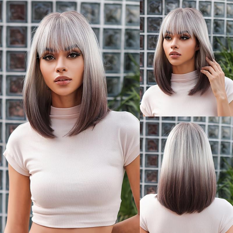 Pink Gradient Shoulder Length Wig With Bangs Short Bob Straight Synthetic Hair