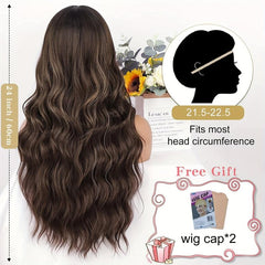 Brown Highlight Long Wavy Curly Hair Wigs With Bangs