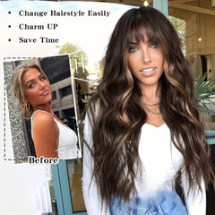 Brown Highlight Long Wavy Curly Hair Wigs With Bangs