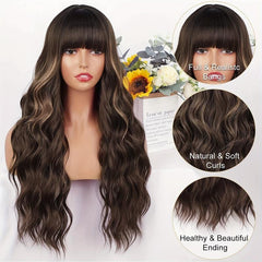 Brown Highlight Long Wavy Curly Hair Wigs With Bangs