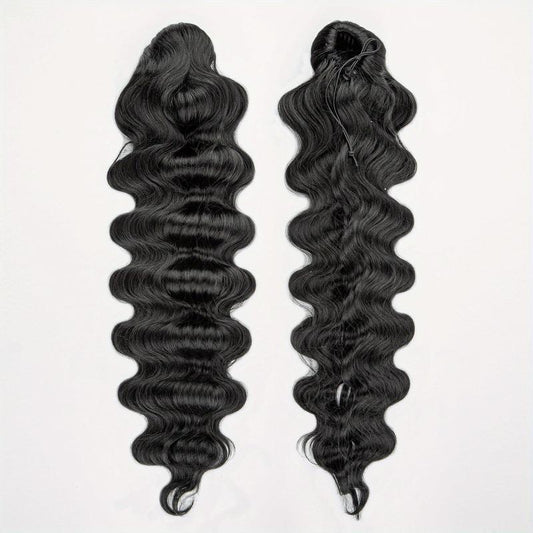 Long Deep Wave Ponytail Extensions Synthetic Fiber Drawstring Clip In Ponytail