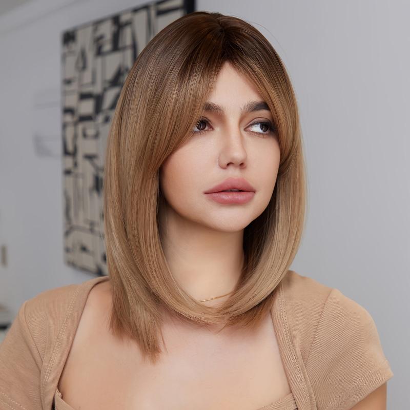 Long Beige Wig With Dark Roots Straight Middle Part Wigs For Women