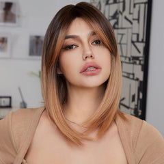 Long Beige Wig With Dark Roots Straight Middle Part Wigs For Women