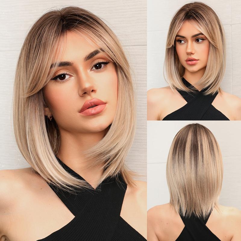 Long Beige Wig With Dark Roots Straight Middle Part Wigs For Women