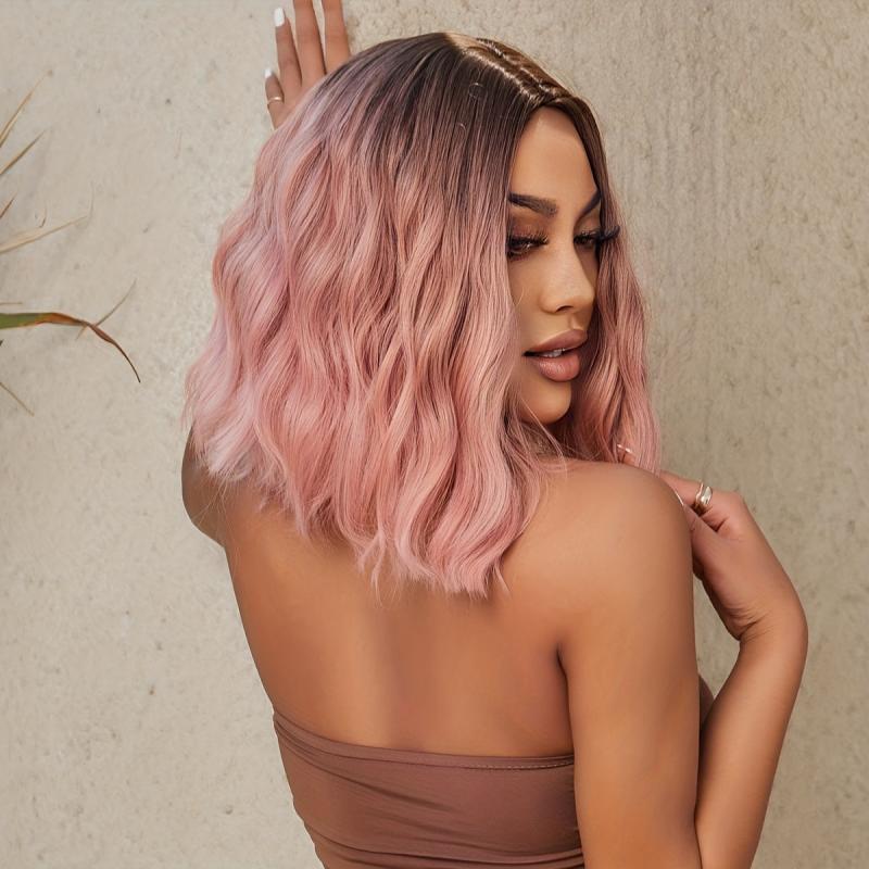 35 56 Cm Pink Curly Wavy Bob Wigs Synthetic Hair Replacement Wigs for Women