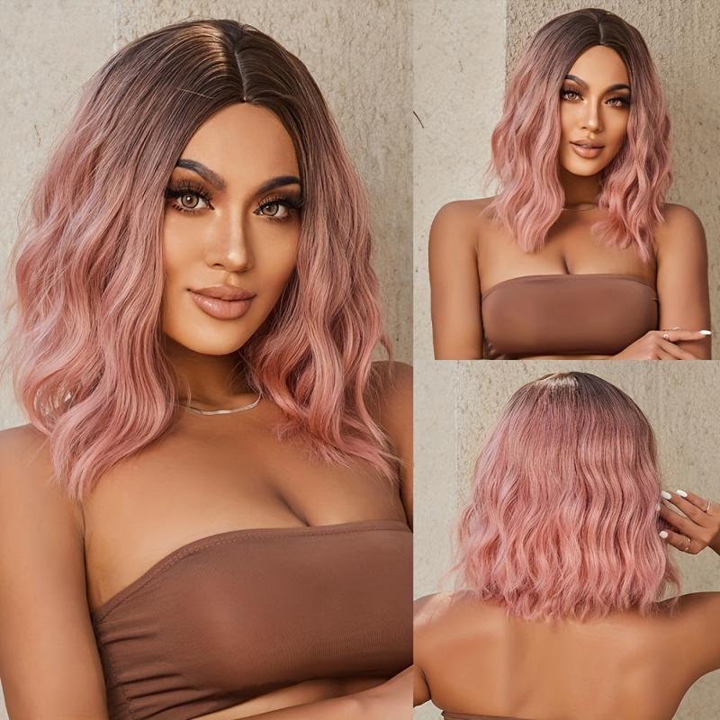 35 56 Cm Pink Curly Wavy Bob Wigs Synthetic Hair Replacement Wigs for Women