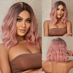 35 56 Cm Pink Curly Wavy Bob Wigs Synthetic Hair Replacement Wigs for Women