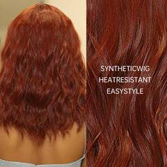 Short Bob Wavy Wig With Bangs Ombre Red Shoulder Length Synthetic Wigs