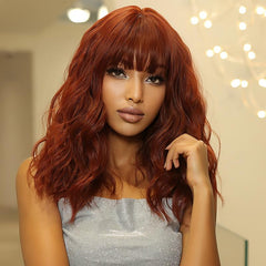 Short Bob Wavy Wig With Bangs Ombre Red Shoulder Length Synthetic Wigs