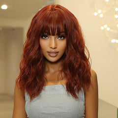 Short Bob Wavy Wig With Bangs Ombre Red Shoulder Length Synthetic Wigs
