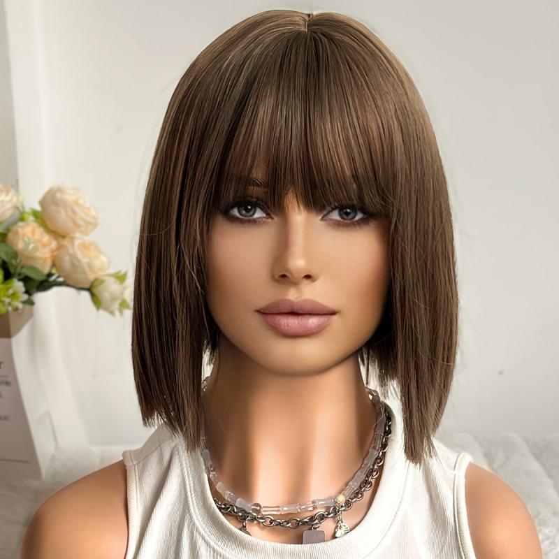 Short Straight Bob Hair With Bangs Synthetic Wig for Women