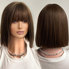 Short Straight Bob Hair With Bangs Synthetic Wig for Women