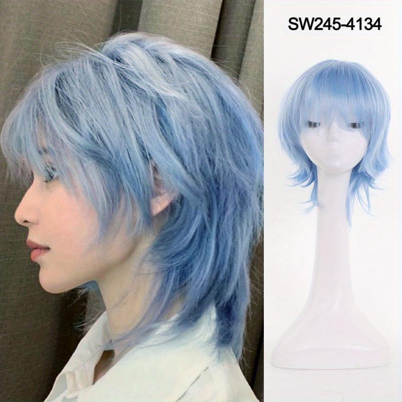 Short Straight Cosplay Wigs With Bangs 12inch Red Yellow Synthetic Wigs