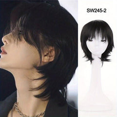 Short Straight Cosplay Wigs With Bangs 12inch Red Yellow Synthetic Wigs