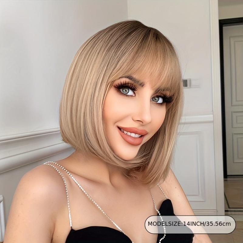 Brown Short Curly Wig with Bangs - Synthetic Bob Wig