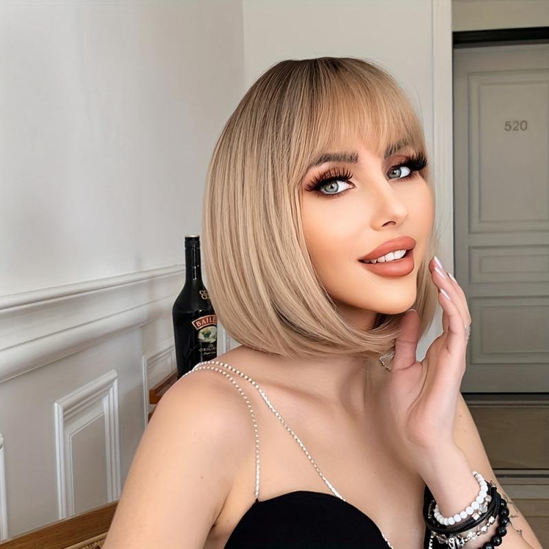 Brown Short Curly Wig with Bangs - Synthetic Bob Wig
