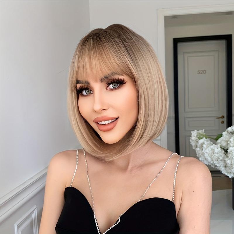 Brown Short Curly Wig with Bangs - Synthetic Bob Wig