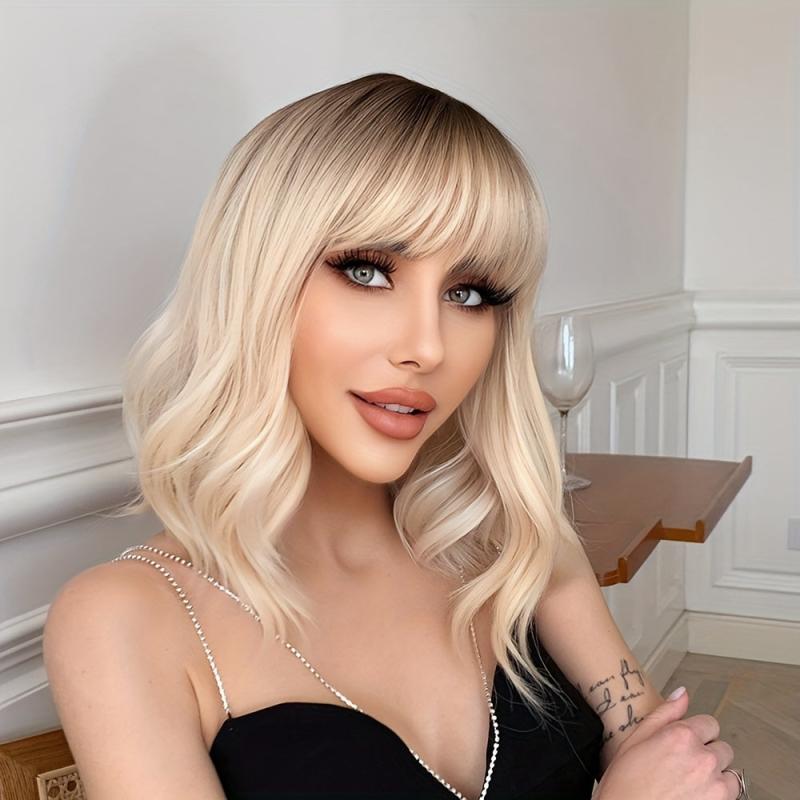 Brown Short Curly Wig with Bangs - Synthetic Bob Wig