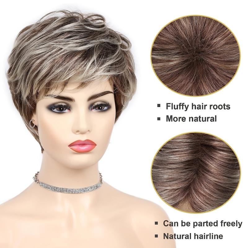 Short Pixie Cut Wig With Bangs Synthetic Layered Pixie Cut Wigs For Women