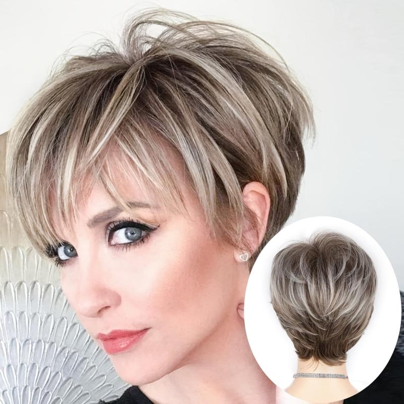 Short Pixie Cut Wig With Bangs Synthetic Layered Pixie Cut Wigs For Women