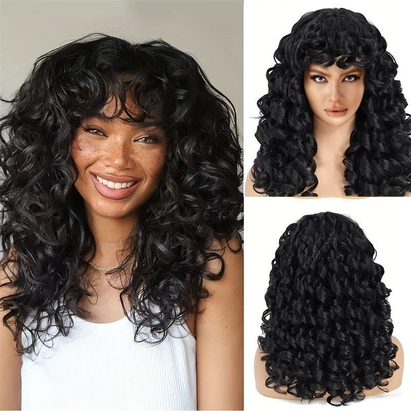 Shoulder Length Bob Curly Wigs for Women with Bangs