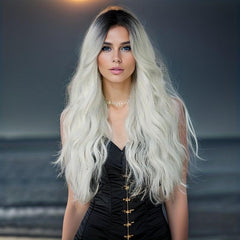 Long Wavy Synthetic Wig Dark Roots Daily Use