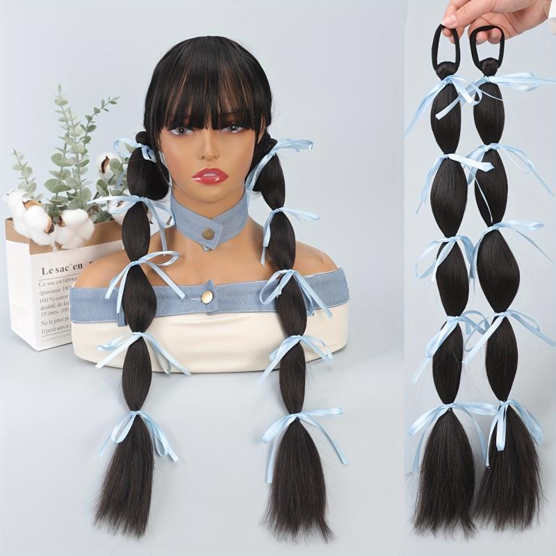 Ribbon Bubble Braid Ponytail Extensions With Ribbon Tie For Women