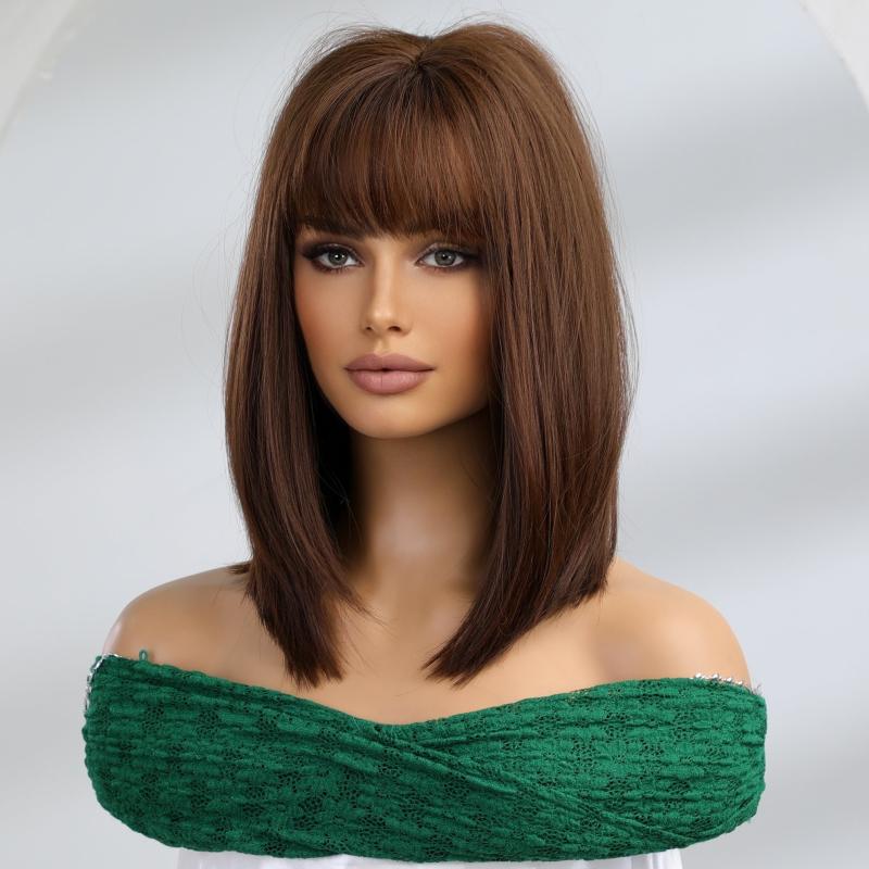 Short Bob Wigs With Bangs Straight Hair Synthetic Fiber Wigs