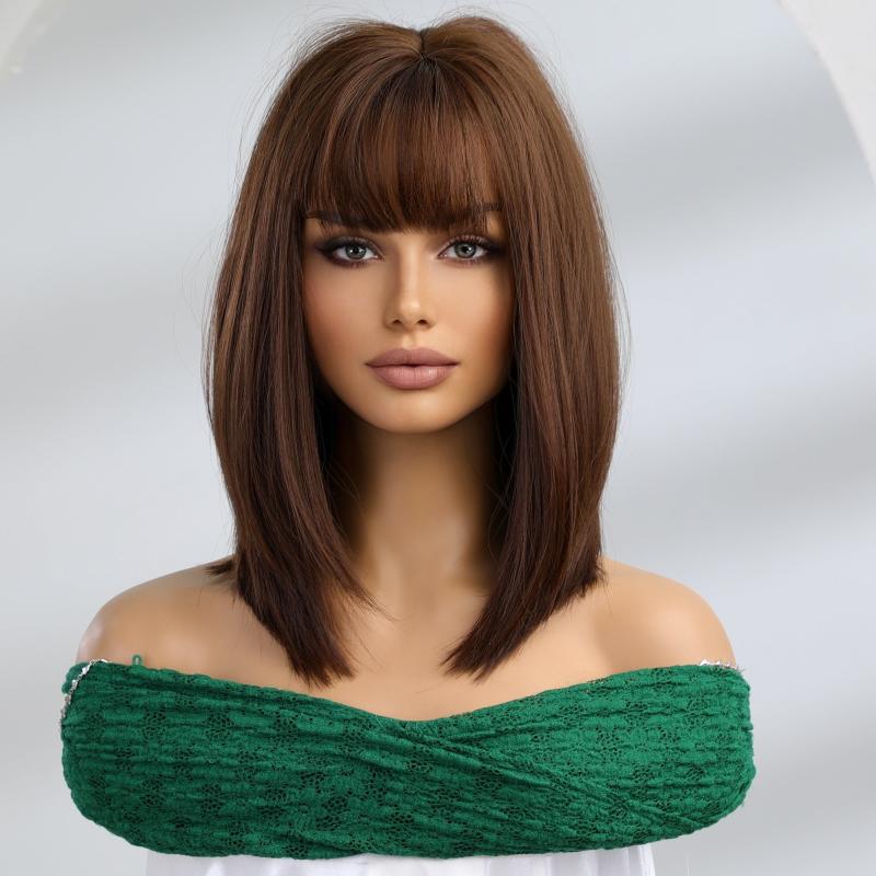 Short Bob Wigs With Bangs Straight Hair Synthetic Fiber Wigs