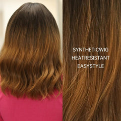 Short Bob Wavy Wig With Bangs Bob Ombre Brown Synthetic Wigs